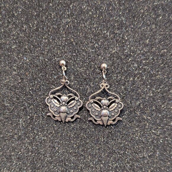 Vintage Butterfly Earrings Silver Dangle Boho Stevie Nicks Festival Art Deco 70s - Picture 4 of 5